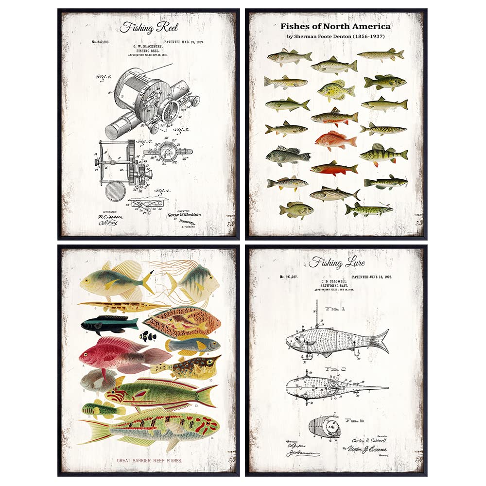 Lake, Mountain or Beach House Home Decor - Fishing Accessories Patent Print, Rod, Reel, Lures Wall Art Set - Vintage Rustic Bass, Trout, Freshwater Fish Room Decoration Poster - Gift for Fishermen