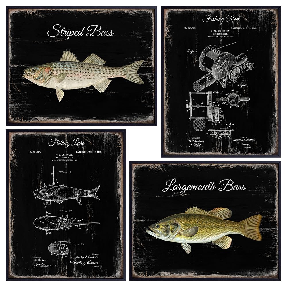 Vintage Fish Patent Art LARGE 11x14 - Rustic Freshwater Lake, River Fish Sign - Reel, Lure Wall Decor, Home Decoration - Gift for Fisherman, Angler, Men, Boy - Unframed - Fish Wall Art - Vintage Decor