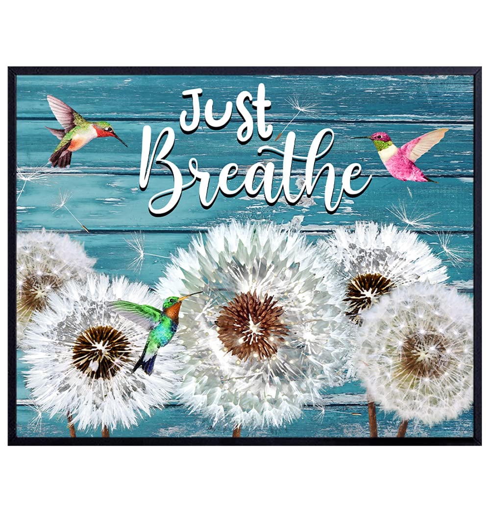 Just Breathe Wall Art - Hummingbird Wall Decor - Dandelion Wall Art - Light Blue Rustic Country Farmhouse Decor - Inspirational Positive Quotes - Encouragement Gifts for Women - Motivational Poster