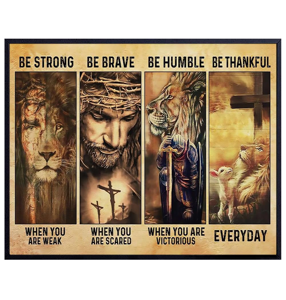 Religious Christian Wall Art - Be Strong Be Brave Motivational poster - God Wall Art &amp; Decor - positive Inspirational quote Jesus Christ Wall Decor Poster - Christianity Faith Wall Decor - Lion Cross