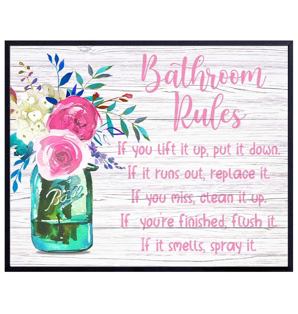 Bathroom Rules Wall Decor - Pink Peonies Wall Art - Rustic Country Farmhouse Bathroom Wall Decor - Powder Room Decor - Funny Bathroom Decor - Bath Wall Art - Restroom Sign - Decorations - Unframed