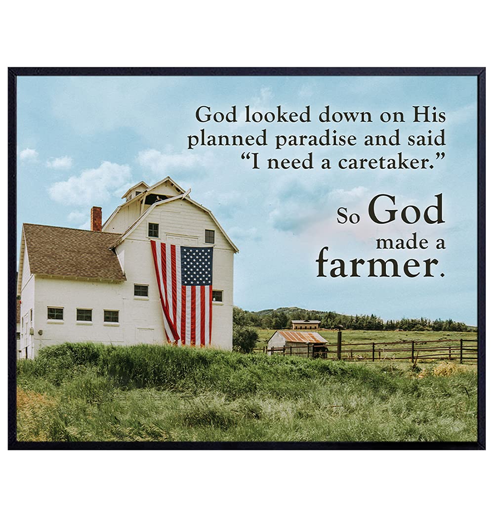 Patriotic Christian Wall Art &amp; Decor - Country Farmhouse Poster - So God Made a Farmer Sign - Religious Gifts - American Flag Farm Pictures - Barn Wall Decor for Living Room - Paul Harvey Quote