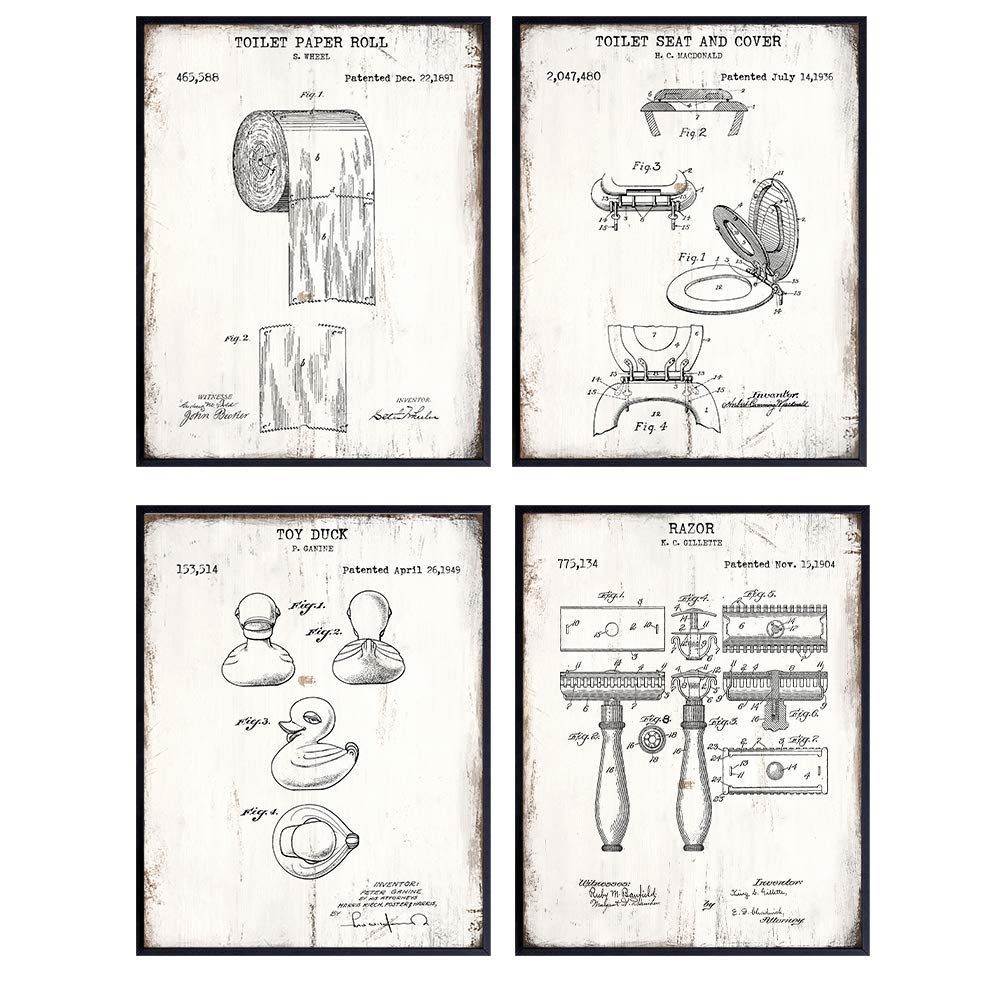 Vintage Bathroom Wall Art Decor Patent Print Set - 8x10 Rustic Farmhouse Decoration for Restroom, Guest Bath, Powder Room, Rest Room - Cool Unique Gag or Housewarming Gift - UNFRAMED Poster Print