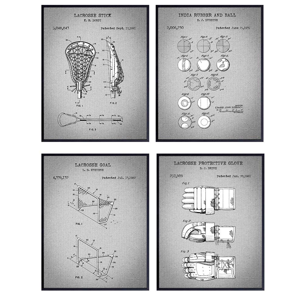 Lacrosse Patent Art Prints - Vintage Wall Art Poster Set - Chic Rustic Home Decor for Boys, Kids, Teens Room, Office, Man Cave, Dorm, Family or Game Room - Gift for Sports Fans - 8x10 Photo - Unframed