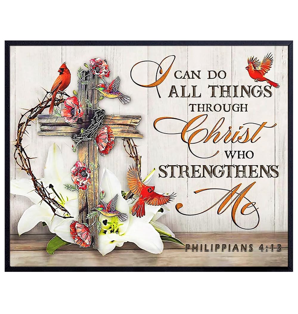 Bible Verse Boho Wall Decor - Scripture Wall Art - Farmhouse Style Rustic Decor - Inspirational Quotes Wall Decor - I Can Do All Things Through Christ God Wall Art - Christian Gifts for Women