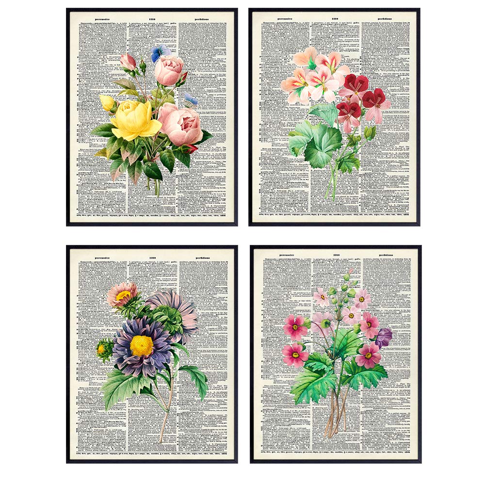 Flower Bouquets Unframed Dictionary Wall Art Prints - Steampunk - Great Home Decor, Flower Lovers - Easy Gift Giving - Perfect Present for Florists &amp; Flower Shops - Ready to Frame (8X10) Vintage Photo