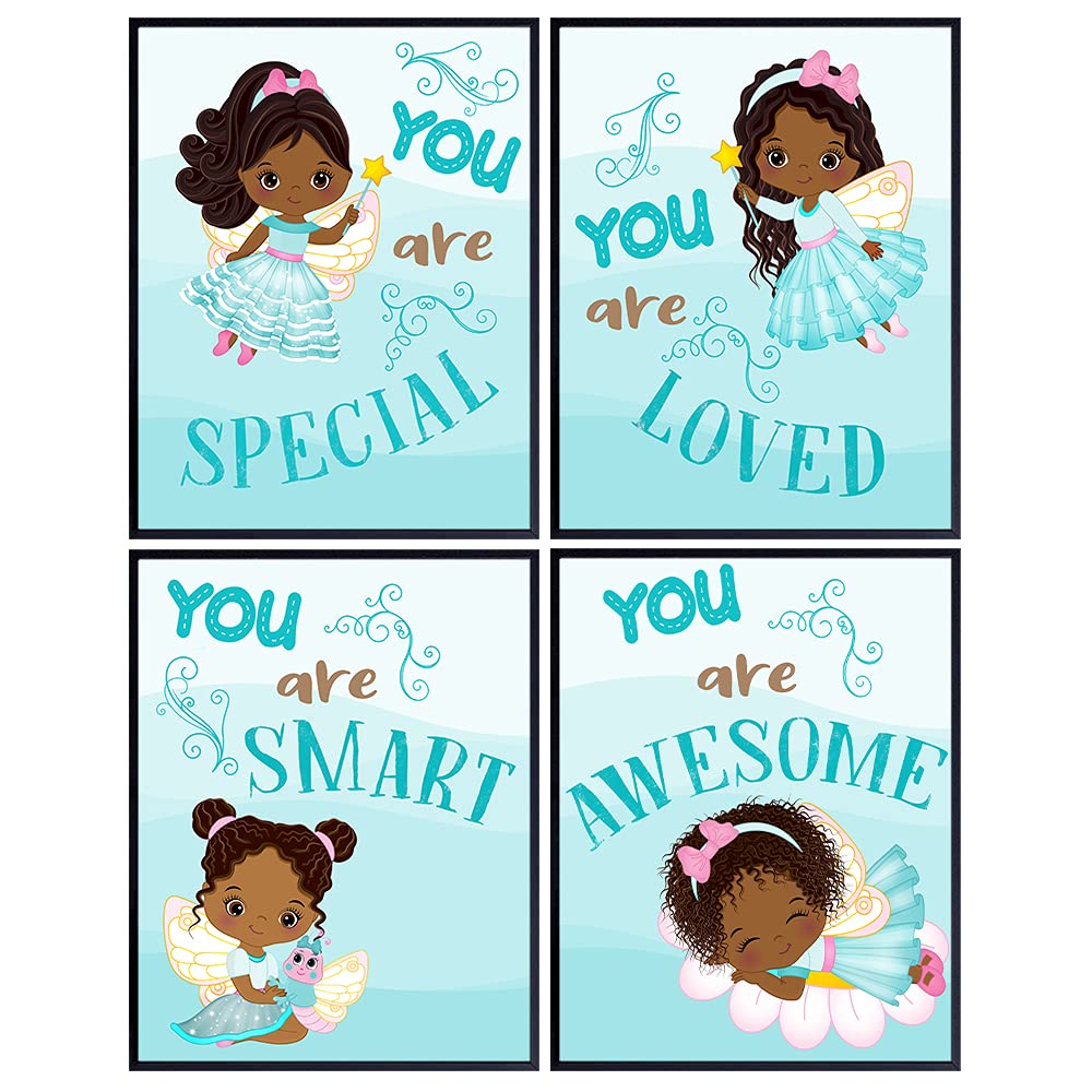African American Girl Wall Decor - Black Girls Wall Art - Cute Fairy Wall Decor - Little Girls, Toddler Bedroom Decor - Aqua Turquoise Teal Light Blue Baby Nursery Girls Room Decor - Daughter Gifts