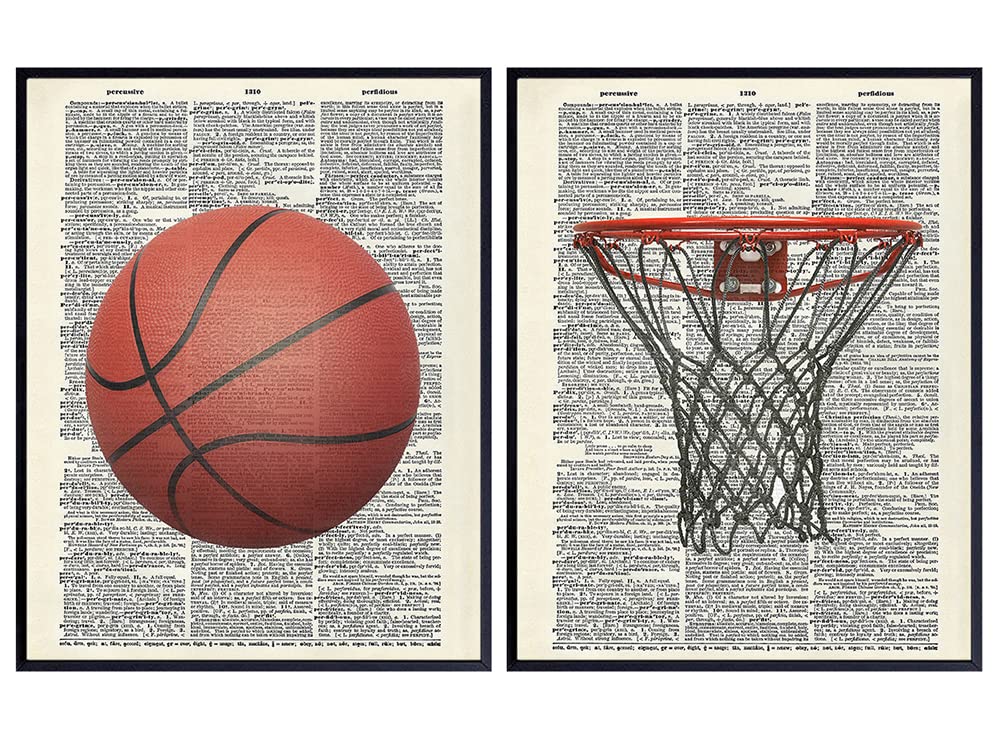Basketball Wall Art Prints on Dictionary Photo Set - Great Gift - Boys, Girls Room - Perfect for Game Room, Den - Cool Home Decor - Vintage Photos