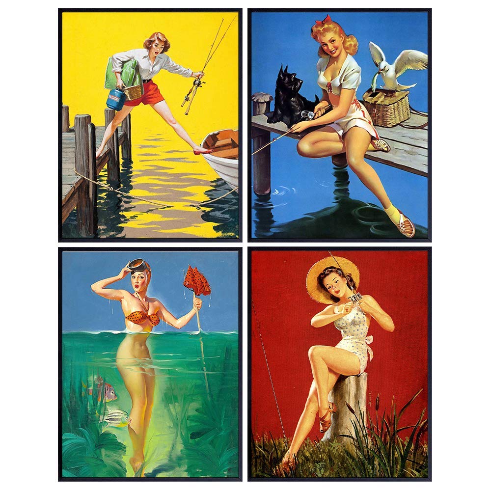 Lake House Decor - Fish Wall Decor - Pinup Girl Fishing Decor - Vintage Retro Beach House Decor - Gifts for Men, Freshwater, Saltwater, Fly Fishing Fisherman - Funny Man Cave Decorations Posters Set