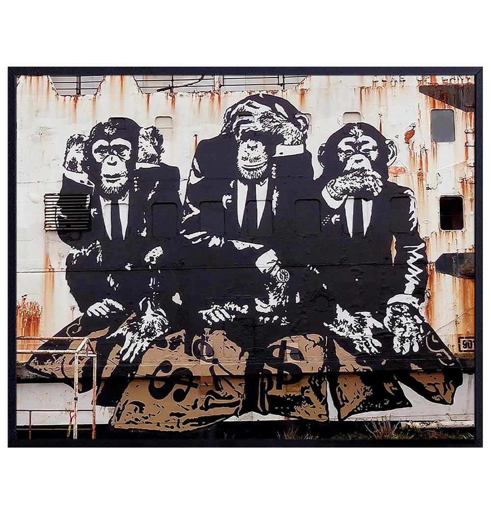 Banksy Graffiti Wall Art - Office Wall Decor - Motivational Poster - Entrepreneur Cool Wall Decor for Men - Man Cave Wall Art - Urban Home Decor - 3 Three Wise Monkeys Bedroom Contemporary Wall Art