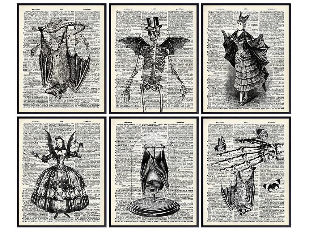 Goth Room Decor - Bat Wall Decor - Skeleton Decor - Steampunk Decor - Gothic Home Decor Wall Art - Bat Wall Art - Gothic Gifts - Medieval Decor - Creepy Scary Poster Set - Halloween Decorations