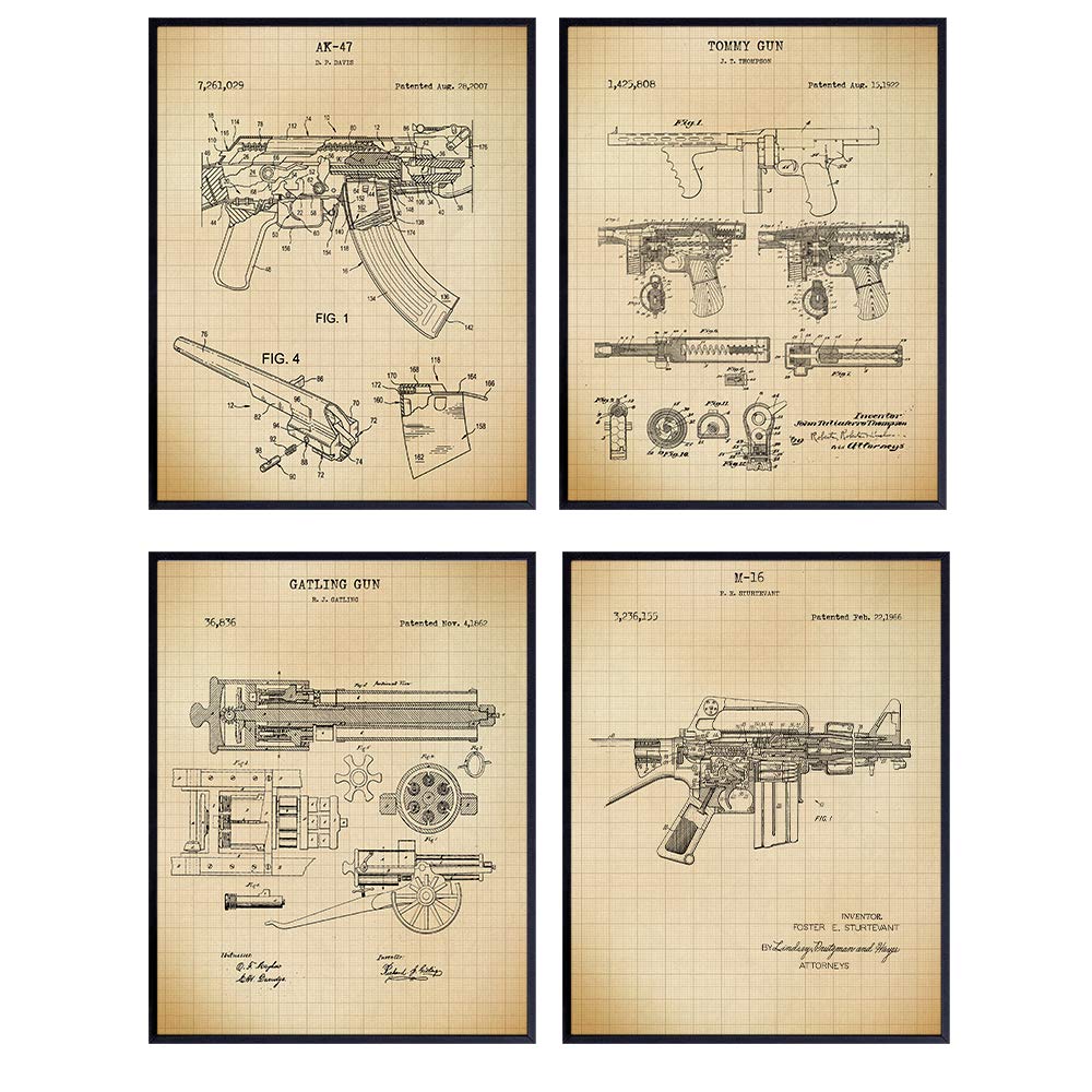 Famous Automatic Weapons Wall Art Patent Prints - Set of Four (8x10) Vintage Unframed Photos - Great Gift for Gun and Firearm Enthusiasts - Man Cave Home Decor