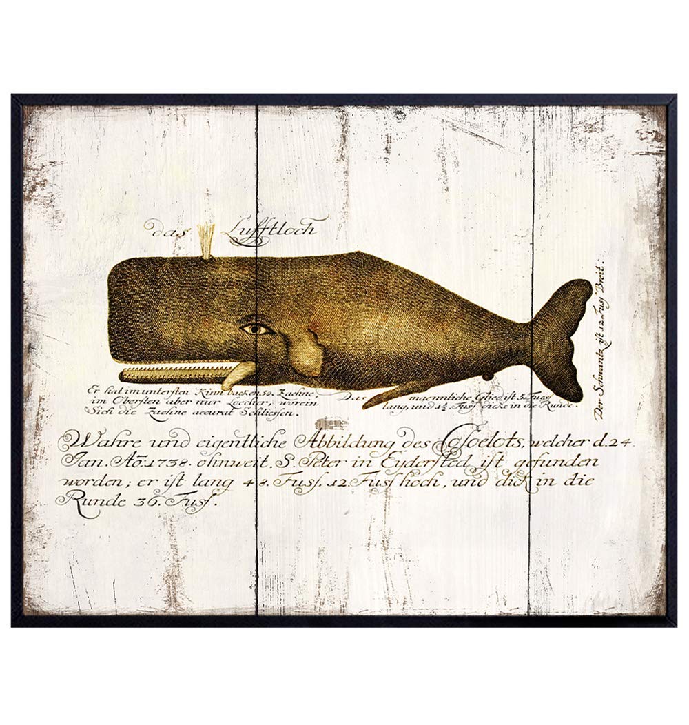 Vintage Rustic Whale Decor - Nautical Beach House Wall Art for Bathroom, Living Room, Bedroom, Office - Ocean Decor - Moby Dick Home Decoration - Boho Shabby Chic Sign Replica, Sea Animals