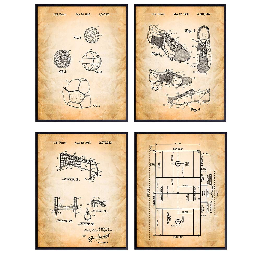 Soccer Futbol Football Vintage Patent Print Wall Decor Set - Rustic Retro Home Art Makes Great Gift for Boys, Men, Girls, Women, Athletes - Four 8x10 Photos