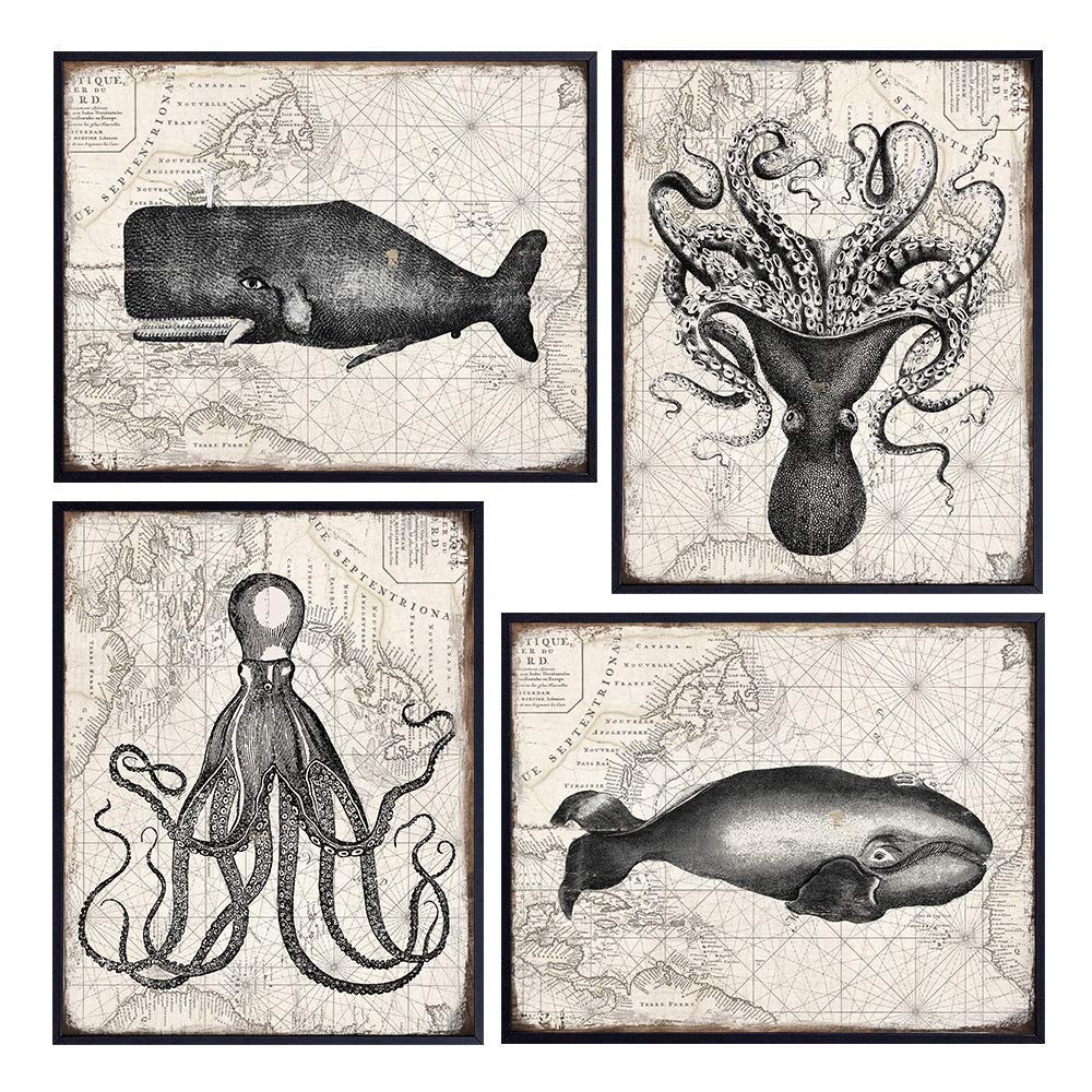 Nautical Decor, Wall Art - Vintage Octopus, Whale, Beach House Decor for Bathroom, Living Room, Bedroom, Office - Ocean, Sea Themed Decoration - Unique Rustic Gift - 8x10 UNFRAMED Poster Print