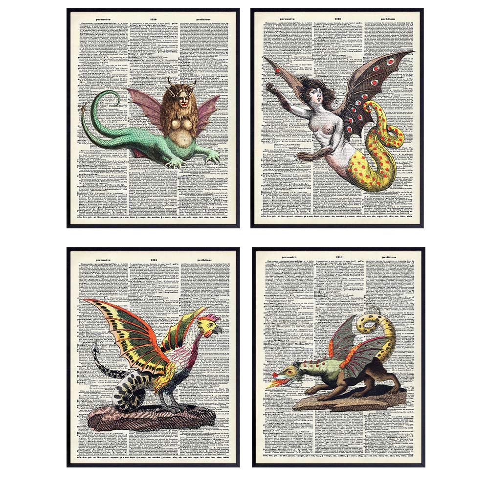 Steampunk, Goth, Monster, Picture Set - Retro Upcycled Dictionary Wall Decor Poster Prints for Living Room, Bedroom, Home, Office, Apartment - Unique Gothic Hipster Gift, 8x10 Vintage Contemporary Art