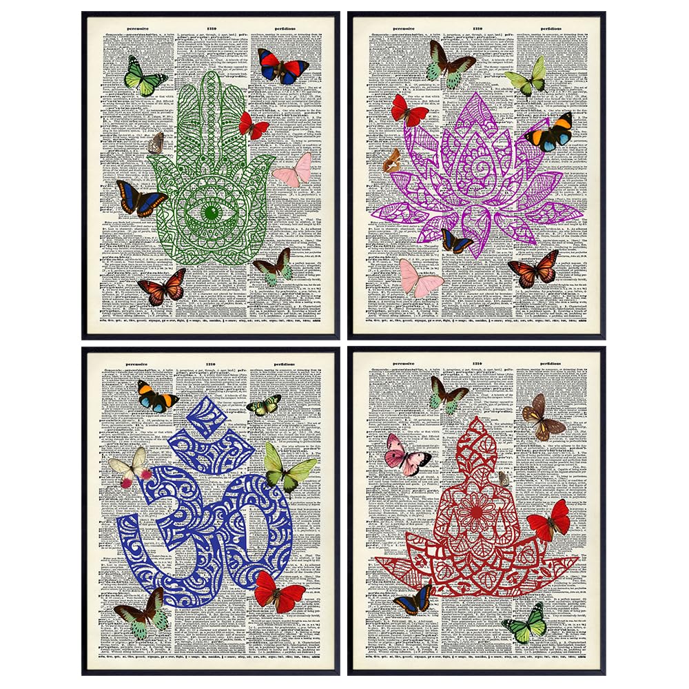 Buddha Wall Art Poster Set, Zen Decor -8x10 Dictionary Photo Print for Yoga Meditation Room, Spa Decoration - Spiritual Buddhist Gift With Hamsa Hand of Fatima, Om, Lotus - Namaste Wall Decor