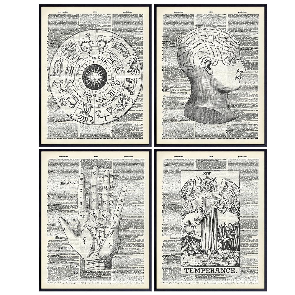 Zodiac Signs Tarot Wall Art 11x14 - Vintage Mystical Arts Home Decor - Cool Eclectic Aesthetic Trendy Gothic Dictionary Art - Psychic, Occult, Palmistry, Palm Reading, Astrology Witchy Wall Decor