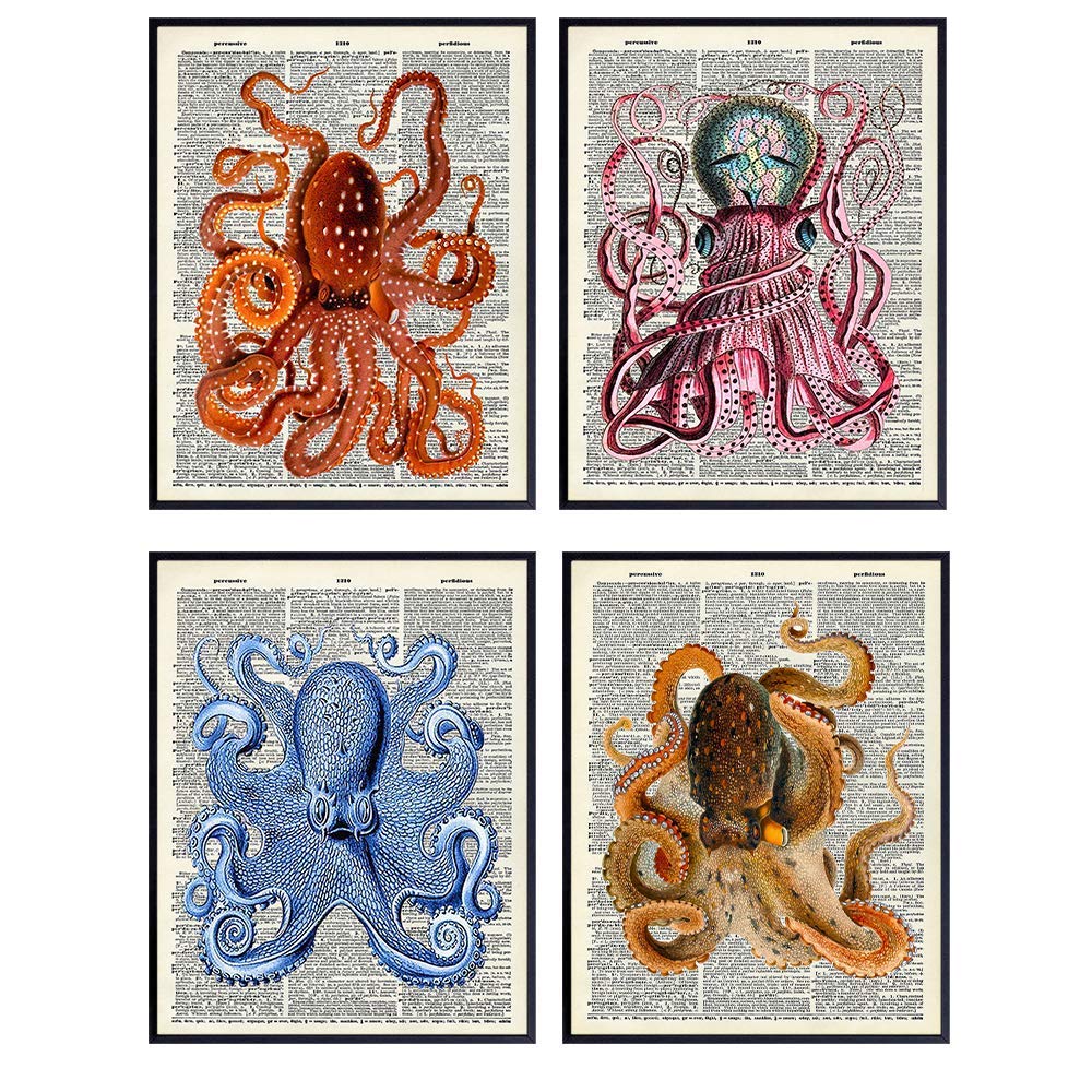 Vintage Octopus Wall Decor - Dictionary Wall Art Picture Set of Four - 8x10 Retro Upcycled Room Decor Prints - Gift for Steampunk, Goth Fans