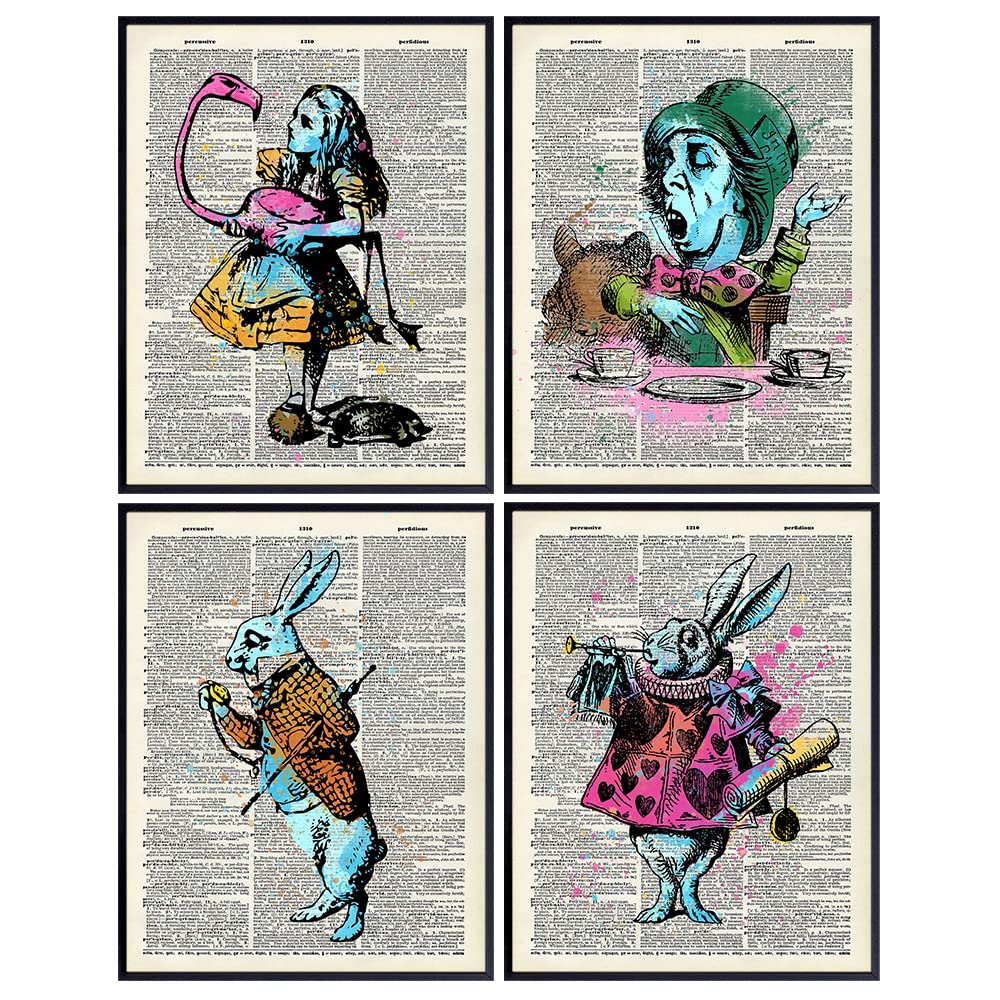 Alice Wonderland, Cheshire Cat, Mad Hatter, White Rabbit - Upcycled Dictionary Home Decor print - Wall Art for Girl or Kids Room, Bedroom, Bathroom - Great Gift for Walt Fans - 8x10-4 Set