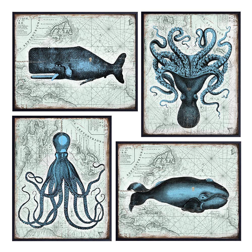 Whales Octopus Decor - Nautical Coastal Ocean Wall Decor for Beach House, Bathroom, Living Room, Bedroom - Vintage Rustic Room Decor, Home Decorations - Gift for Sea Lover - UNFRAMED Photo Poster Set