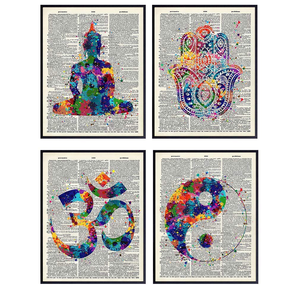 Buddha, Om, Namaste, Yin Yang, Hamsa Hand of Fatima, Zen Wall Decor Picture Set of Four - 8x10 Upcycled Dictionary Art Posters for Meditation Room, Yoga Studio, Bedroom - Great Gift for Buddhists