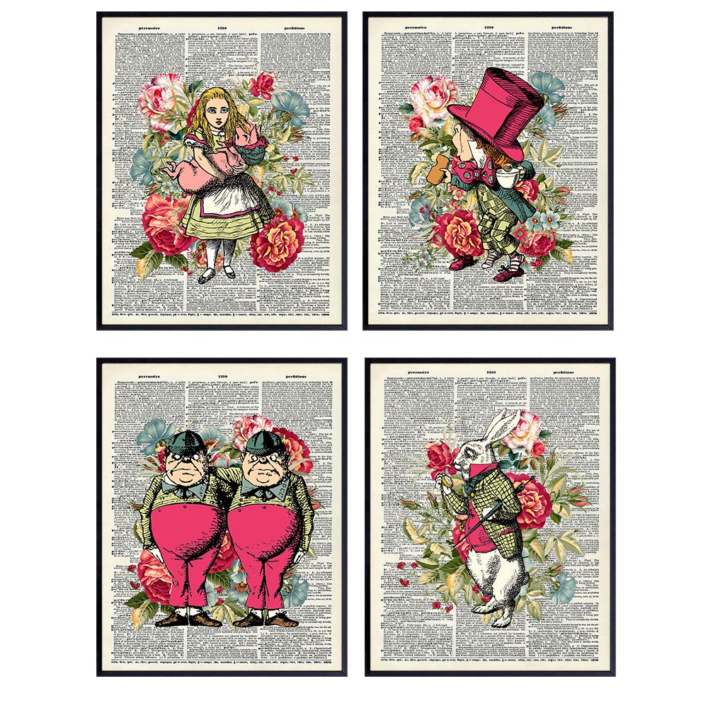 Alice Wonderland Decorations - 8x10 Vintage Shabby Chic Picture Poster Set, Home Wall Art Decor - Girl Bedroom, Kid Room, Nursery - Cool Unique Affordable Gift - Unframed Photo Set
