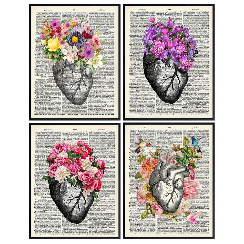 Heart Anatomy Wall Art Decor Set - Vintage Rustic Shabby Chic Floral Home Decorations for Cardiac, Coronary, Cardiology Patients, Medical Office - Gift for Doctor, Nurse Cardiologist - 8x10&