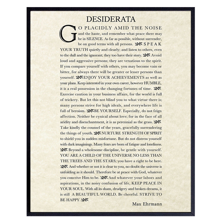 Inspiring Typography Wall Art - Desiderata Poem - Motivational Home Decor - Inspirational quote Wall Decor - Encouraging Art for Women, Men, Poetry Fans - Max Erhman Quote - Unframed