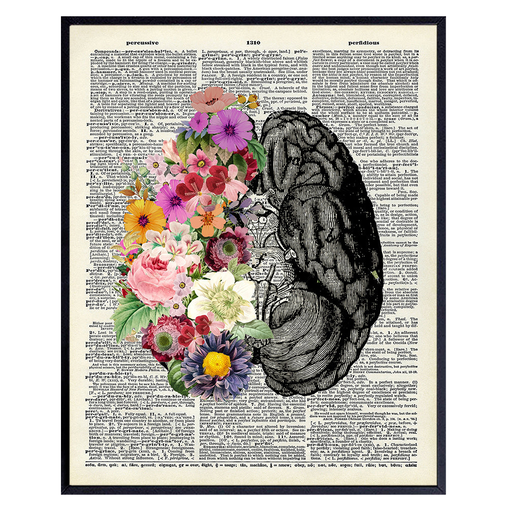 Vintage Flower Brain Dictionary Art - Human Anatomy Poster Home Decor - Shabby-chic Wall Art for Living Room, Bathroom, Womens Bedroom - Aesthetic Eclectic Indie Trendy Room Decor - UNFRAMED