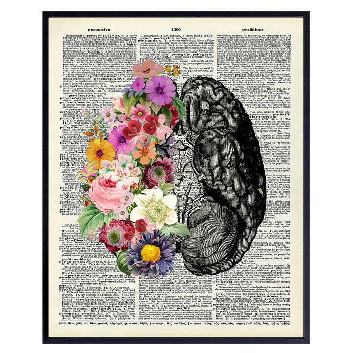 Vintage Flower Brain Dictionary Art - Human Anatomy Poster Home Decor - Shabby-chic Wall Art for Living Room, Bathroom, Womens Bedroom - Aesthetic Eclectic Indie Trendy Room Decor - UNFRAMED