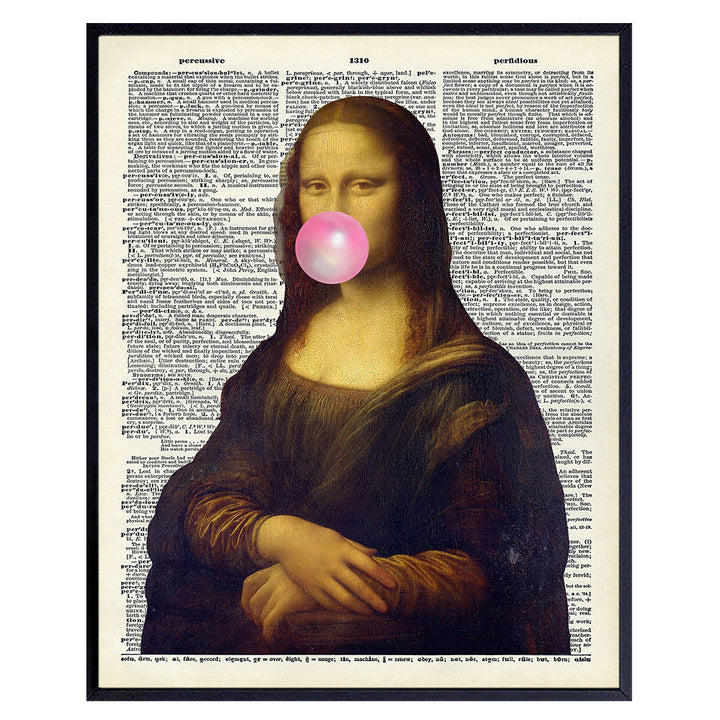 Mona Lisa Bubble Gum Art - Bedroom, Living room Wall Decor - Trendy Preppy Room Decorations, Home Decor - Great Gift Idea - Funny Wall Art Poster - Leonardo DaVinci Dictionary Art - UNFRAMED