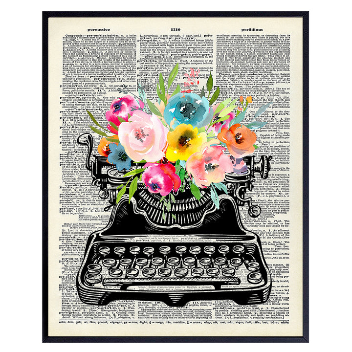 Shabby chic Typewriter Wall Art - Vintage Floral Home Decor for Women, Writer, Teacher, Journalist, Personal Assistant, Secretary - Retro Living room Bedroom Wall Decor - Unique Gift Idea