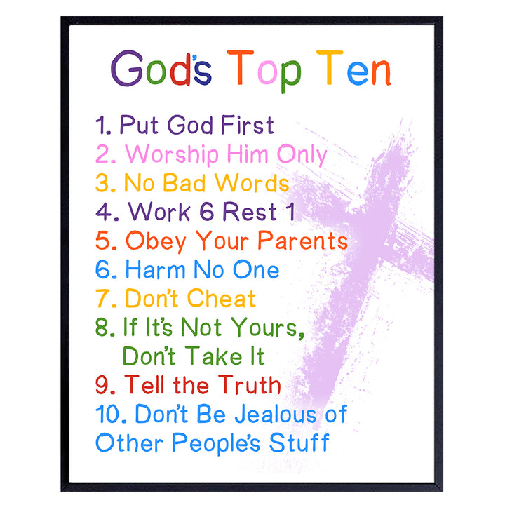 Bible Verse Art for Christians - The Ten Commandments Scripture Wall Art for Kids Room Decor, Nursery, Bedroom - Religious Poster - Bible Quotes, Verses - Christian Gift for Boy, Girl