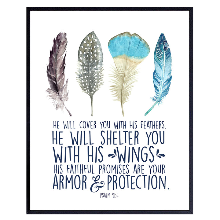 Christianity Bible Verse Art Print - Psalm 91 - He Will Cover You With His Feathers - Religious Scripture Wall Decor for Women - Inspirational Christian Gift - spiritual Bedroom Decoration