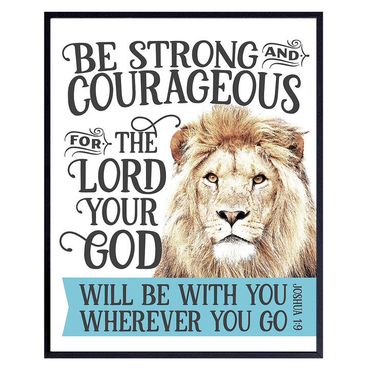 Bible Verse Christian Wall Decor - Lion Scripture Decor - Motivational, Sayings, Inspirational Quotes - Religious Art - Christian Wall Art for Men, Boys Bedroom, Teen Room - Joshua 1 9 God Decor