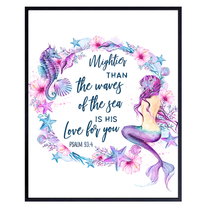 Inspirational Christian Bible Verse Poster - Religious Wall Art Quotes - Mightier Than the Waves - Mermaid Seahorse Seashells nautical Beach house Room Decor - Bathroom Bedroom Wall Decor