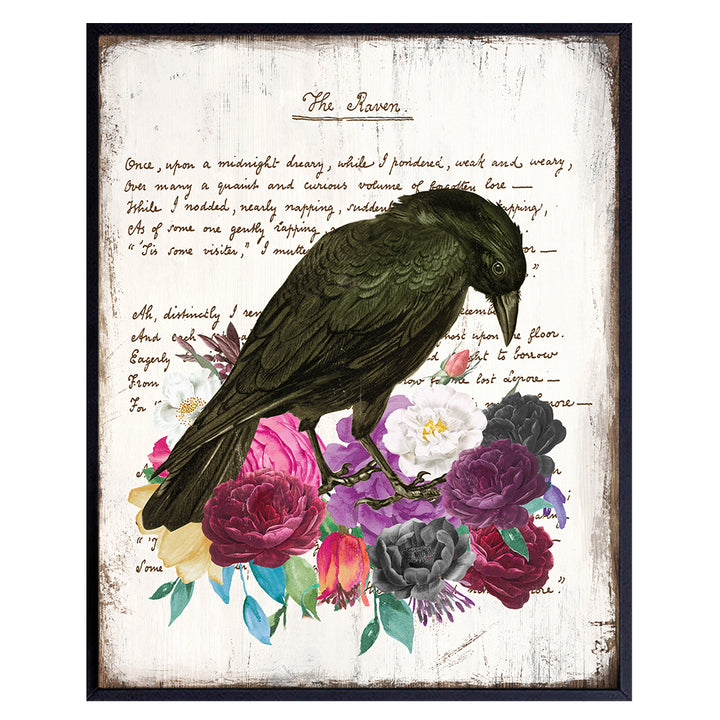 Edgar Allan Poe Gothic Wall Art - The Raven Goth Room Decor for Women - Shabby chic Bedroom, Living Room Decor - Wicca, Witch, Occult, Crow, Roses, Picture Poster - Black magic Gifts - UNFRAMED