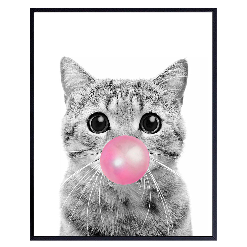 Tabby cat Wall Art - Cute Cat Nursery Wall Decor for Girls Bedroom, Kids Room - Pink Girly Kitty, PussyCat, Kitten Art - Cat Lover Gifts for Women - Adorable Cat Wall Art for Girl - Unframed