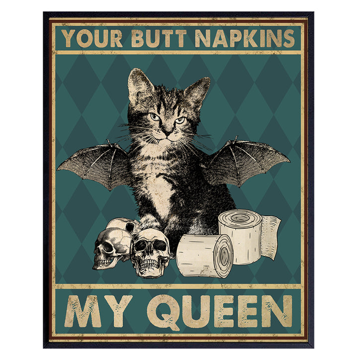 Cute Bathroom Wall Art - Black cat Wall Art for Restroom - Funny Bathroom Decor for Women - Cat Themed Gifts - Bathroom Wall Decor Set - Kitten Lover Gifts - Spooky Gothic Bat Poster Print