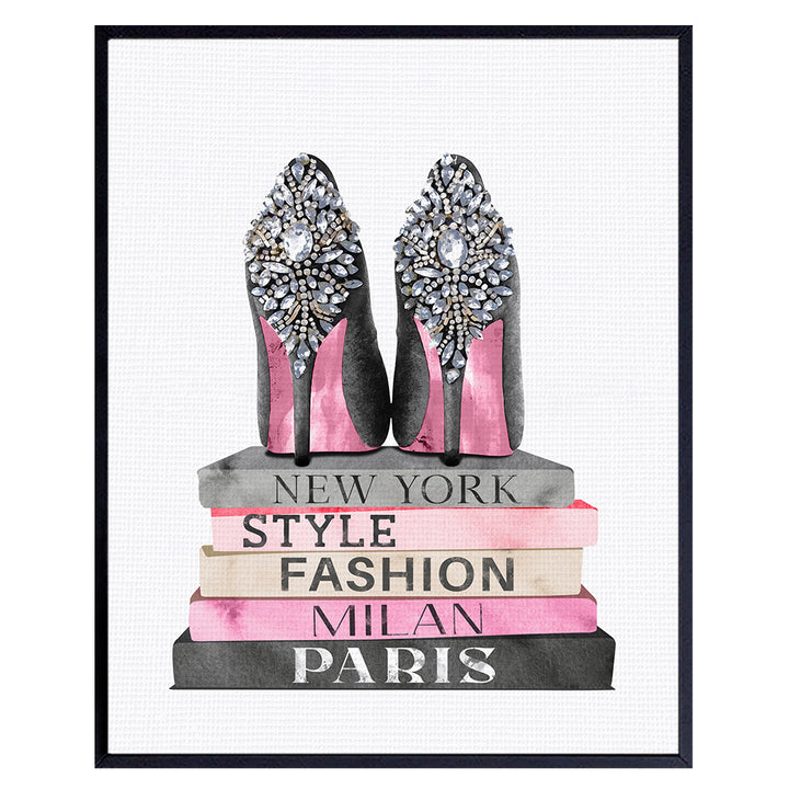 Glam Fashion Design Wall Art - Luxury Gift for Women - Pink Black Poster - Girls Bedroom, Living Room Decor - Fashion Wall Art for Women - Couture Home Decor - Art for Women - Designer Shoes