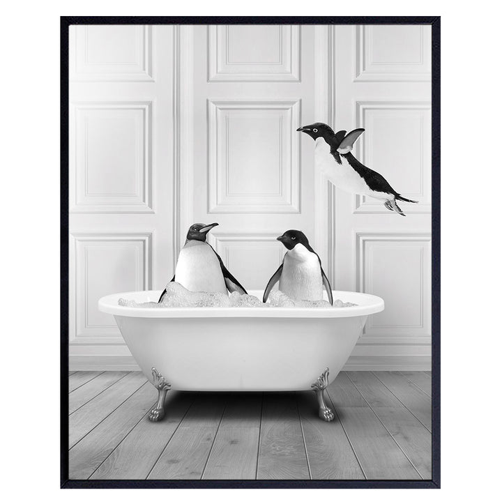 Cute Penguin Bathroom Wall Art - Funny Black Bathroom Decor - Unique Bathroom Wall Decor - Guest Bathroom Art - Powder room Wall Art - Bath Wall Decorations - Bathroom Signs - Unframed