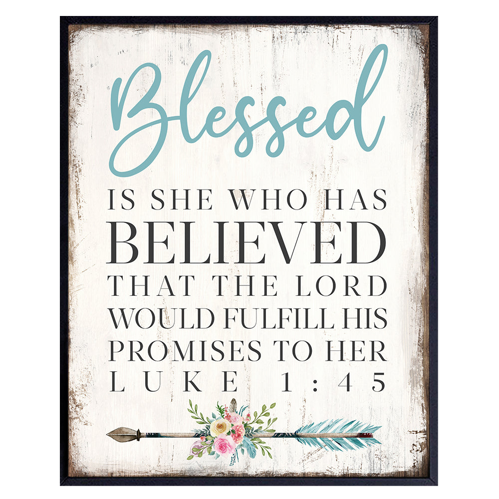 Inspirational Bible Verse Wall Art - Motivational Bible Verses Wall Decor for Women - Blessed Is She Religious Art Print - spiritual Gifts for Women - positive Quotes - Christian Scripture Decor