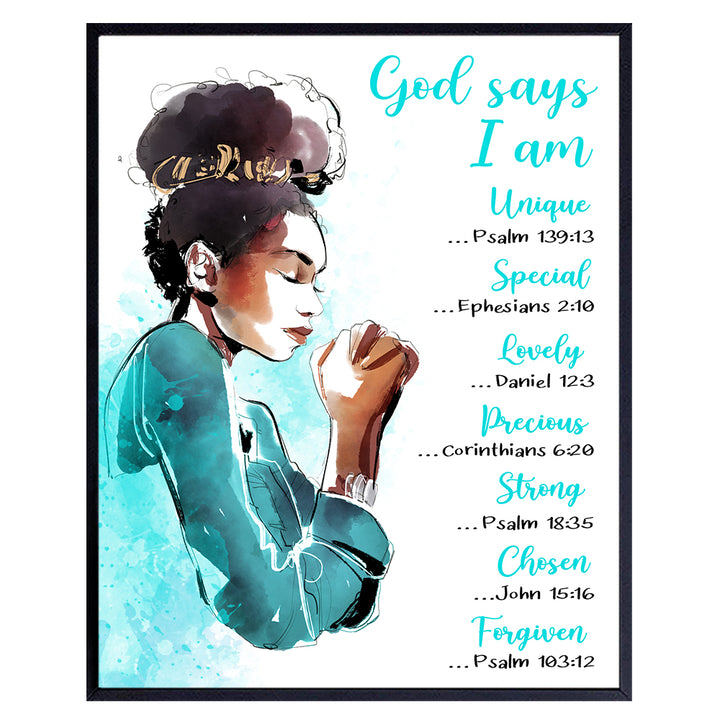 African American Women Bible Verse - God Says You Are Wall Decor- Blue Inspirational Christian Decor - spiritual Religious Scripture Encouragement Gifts - Black Girls Bedroom Wall Art