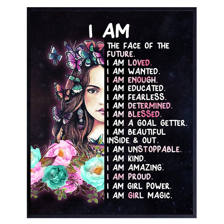 Tween Girl Inspirational Wall Art - I Am - Teen Girl Room Decor - Motivational poster for Little Girl Bedroom Decor - positive affirmation Wall Decor - Quotes for Girl Room Decor - Unframed