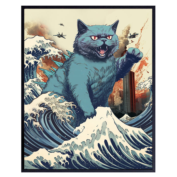 Funny Cat Wall Decor - Cat Dad & Cat Mom Gifts - Cat Themed Cute Cat Poster - Cat Wall Art Decor - Cat Gift for Cat Lovers - Retro Vintage Cat Decorations - The Great Wave off Kanagawa